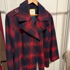 Old Navy Women's Black and Red Plaid Pea Coat